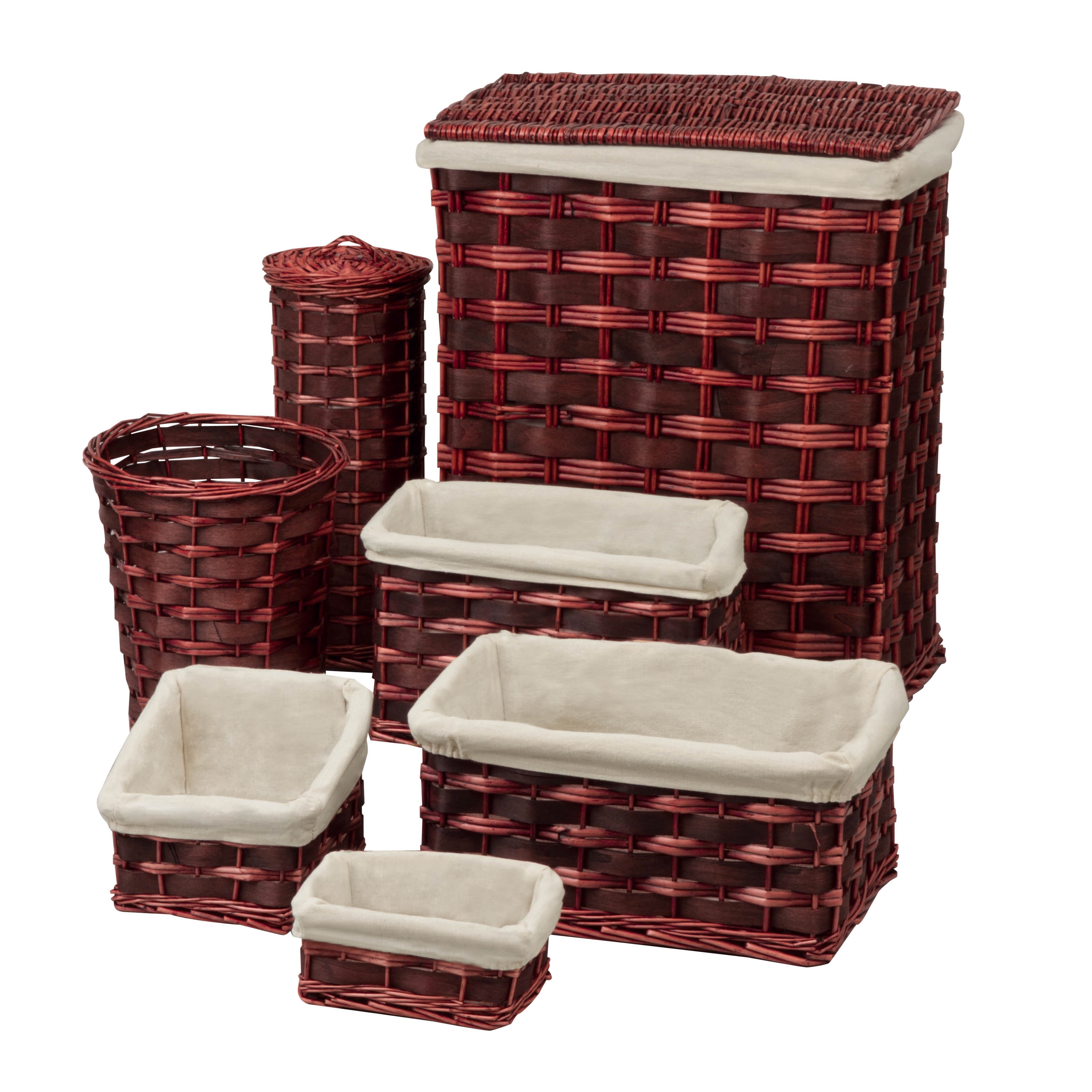 Brown Wicker 7 pc Hamper Set Laundry Storage Baskets Bins Liner Bathroom Toilet