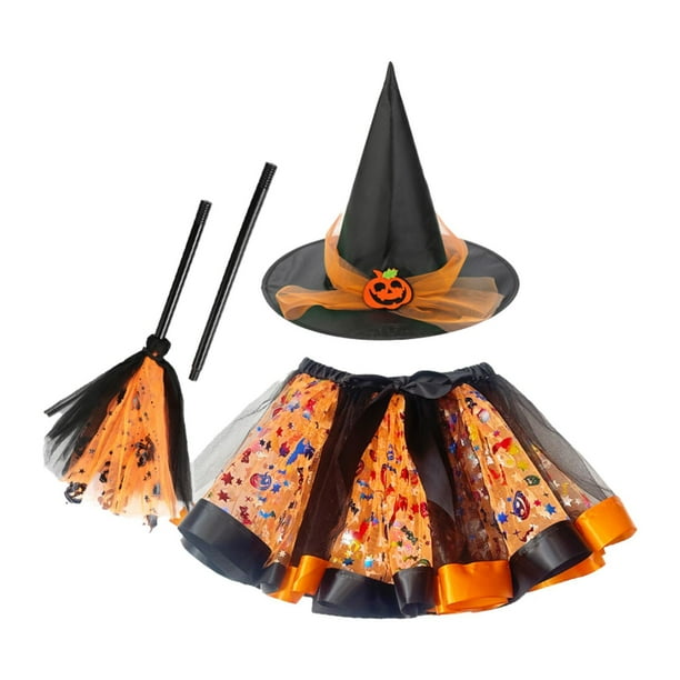 Disfraz de bruja para niñas con sombrero, falda y escoba para fiestas de disfraces y juegos de simulación. L