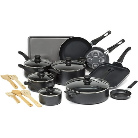 

YIGOU Easy Clean Nonstick Cookware Set Features Kitchen Essentials Bamboo Cooking Utensils Set Vented Glass Lids Ergonomic Grip Handles Made without PFOA Dishwasher Safe 20-Piece Black
