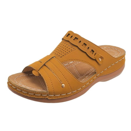 

Krdevn Women s Summer Fashion Open Toe Slope Heel Leather Solid Color Sandals Slippers Casual Comfortable Out Beach Slippers Orange 6.5