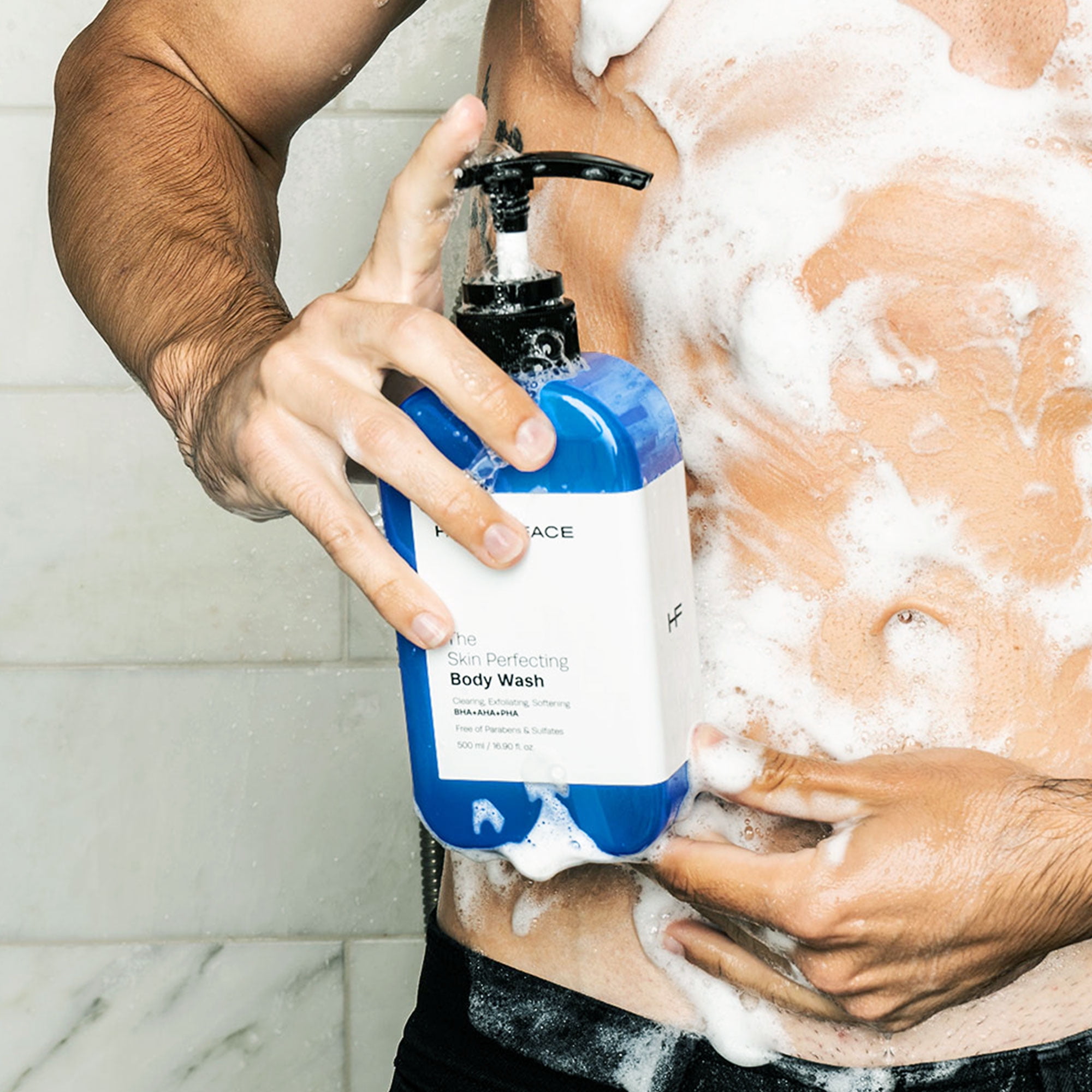 HOMMEFACE Triple Action Shower Kit for Men - Hair & Body Wash Set Includes a 2-in-1 Hair Strengthening Shampoo + Conditioner & Body Wash with Pump for Acne-Prone Skin