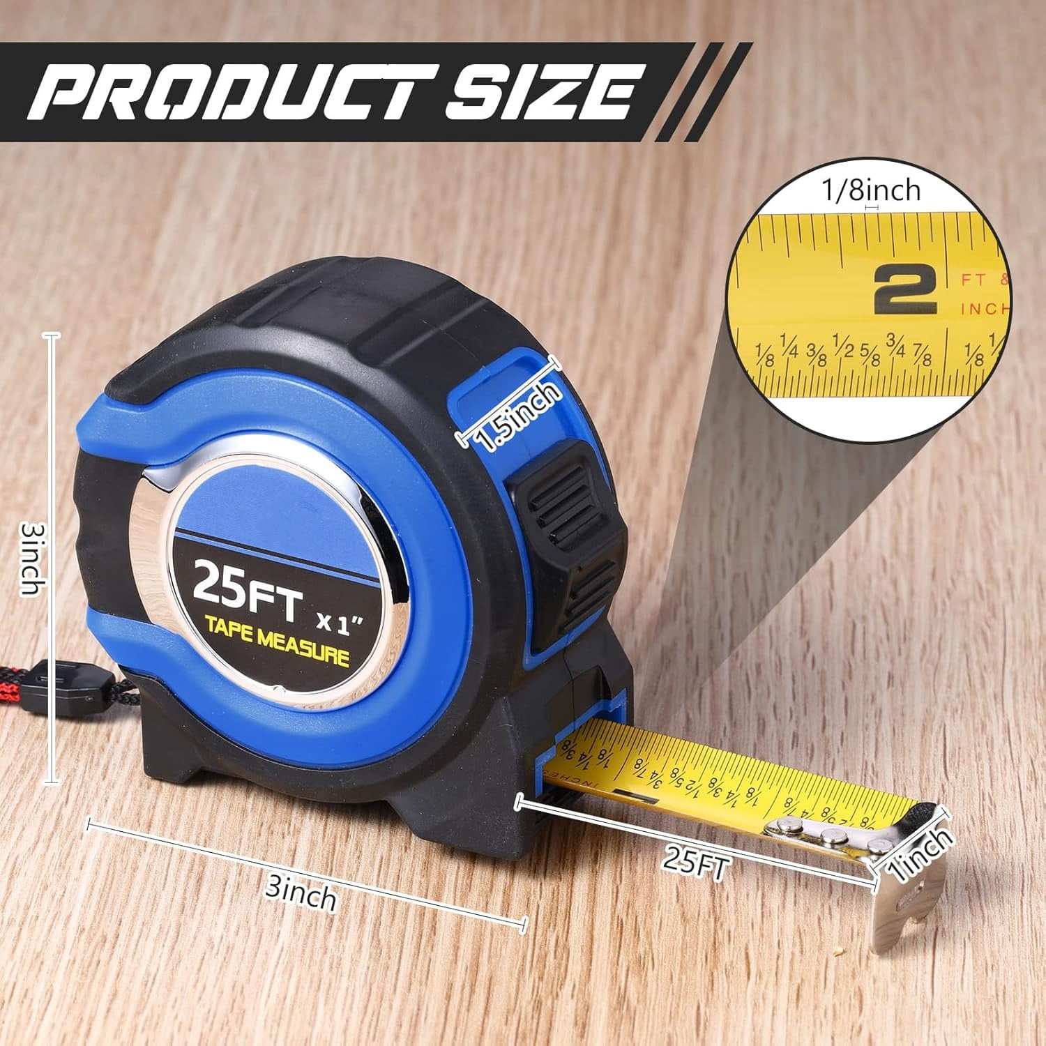 10 Pack Tape Measure with Fractions 1/8 Steel Measuring Tape Retractable Easy Read Measurement Ruler Steel Power Blade (25 ft X 1 in,Blue)