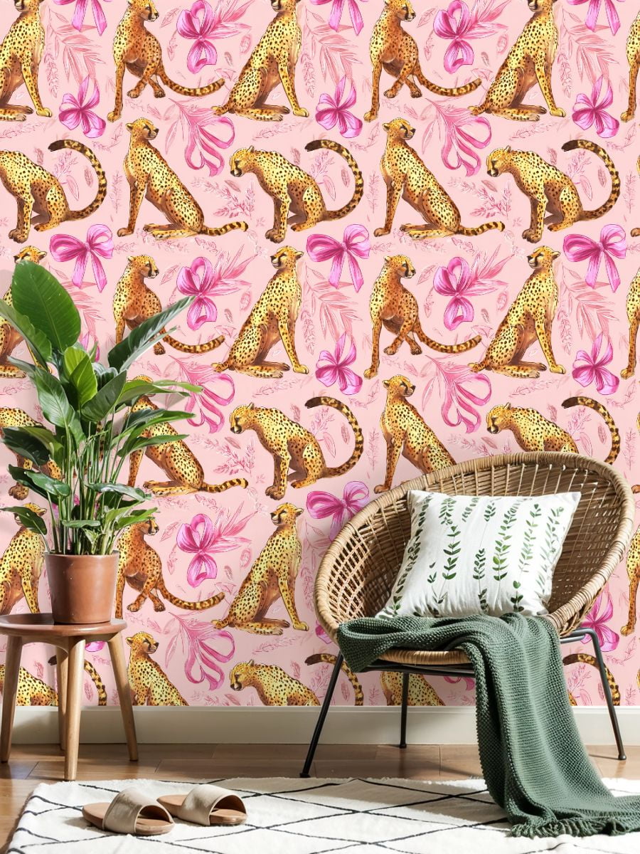 Cheetah Peel and Stick Wallpaper 17.7in x 9.8ft Leopard Cheetah Pink Floral Contact Paper Vinyl Waterproof Self Adhesive Wall Paper for Bedroom Shelf Cabinet Renter Friendly