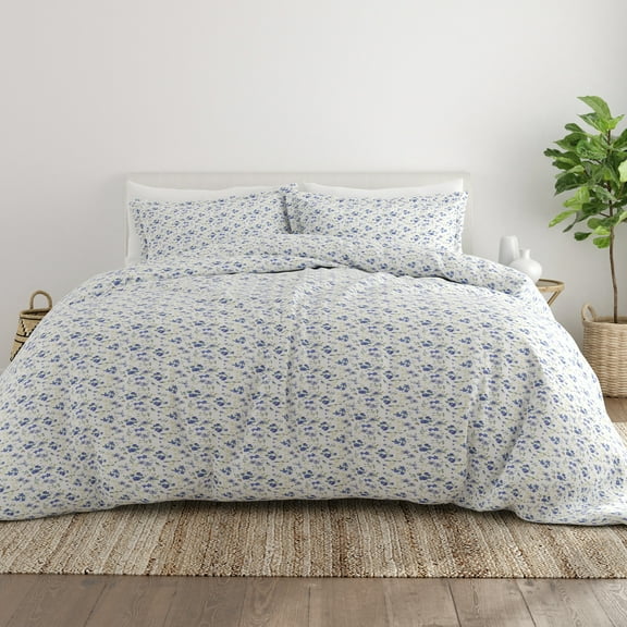 Noble Linens Light Blue Blossoms Print 3-Piece Duvet Cover Set, Full/Queen