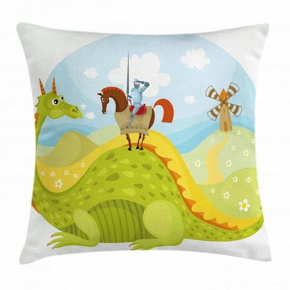 Fantasy Throw Pillow Cushion Cover, Knight Don Quixote with Horse on Dragon Valley Medieval Fairytale Image, Decorative Square Accent Pillow Case, 24 X 24 Inches, Apple Green Sky Blue, by Ambesonne