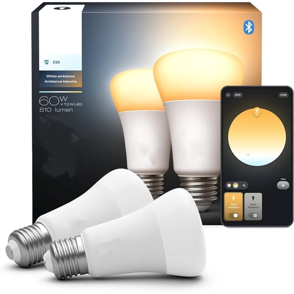 Smart LED A19 Bulb, White Ambiance, E26 Base, 7.2W, Full Spectrum Light 1000K-20000K, 810 Lumens, Dimmable, Works with Alexa, Google, and Apple Home, 2pk