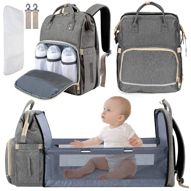 Mochila grande para pañales, cama de bebé de viaje fordable con estación de cambio, bolsa de bebé portátil impermeable multifuncional, cuna portátil para cama de bebé, gris Fokelyi HQ-369