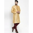 thumbnail image 3 of eloria Men's Indian Traditional Silk Blend Solid Gold-Toned Kurta With Churidar Pyjama, 3 of 7