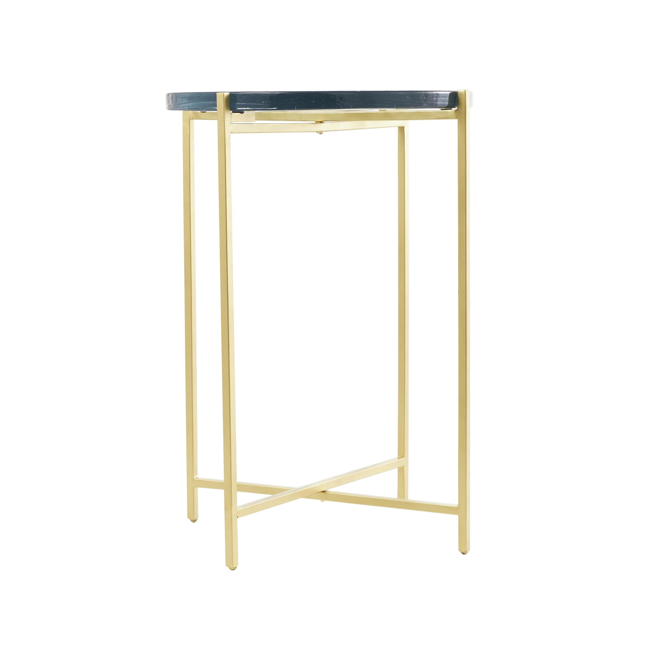 DecMode 16" x 24" Gold Metal X-Shaped Accent Table with Textured Glass Tabletop, 1-Piece