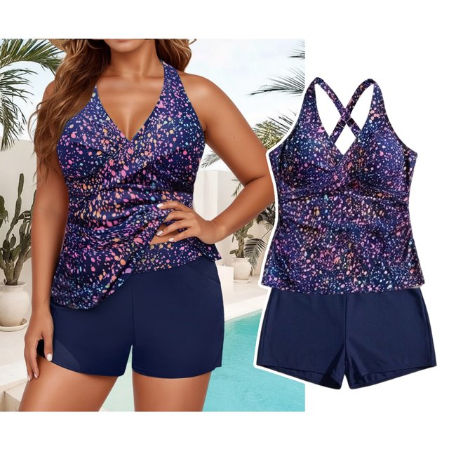 Maillots de Bain Tankini Grande Taille pour Femmes Bretelles Réglables Hauts Tankini Col en V avec Shorts de Bain Deux Pièces