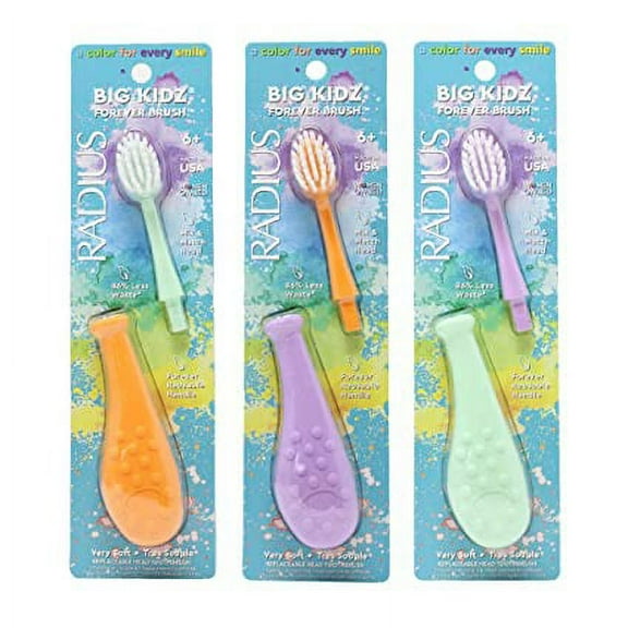 RADIUS Big Kidz Forever Brush with Replaceable Head Toothbrush for Children, 6 Years and Up, BPA Free ADA Accepted for Growing Teeth and Gums - Right and Left Handed, Extra Soft - Pack of 3