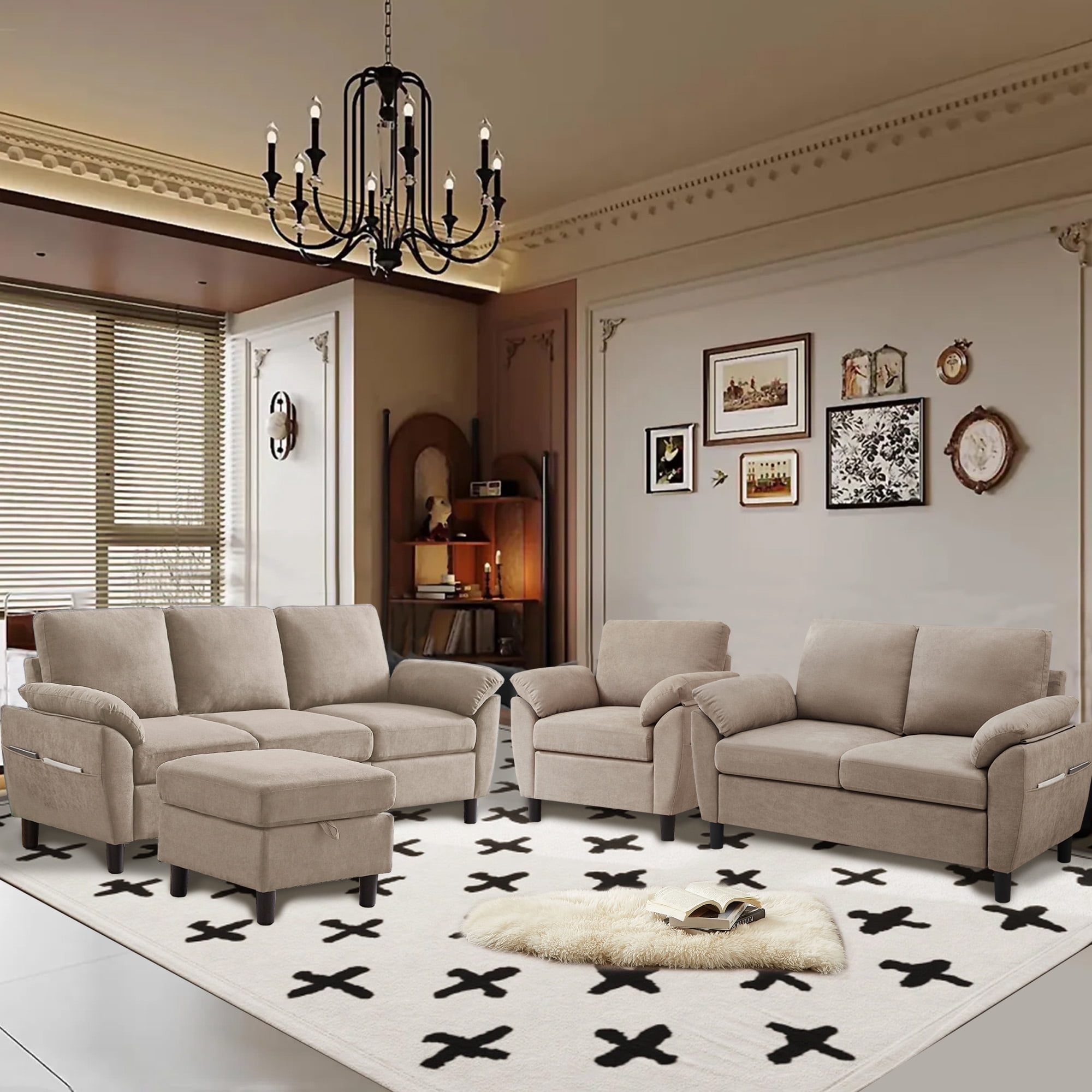 Jarenie Modern Fabric L-Shapped Sofa Sectional Couche for Living Room Convertible Sofa with Ottoman