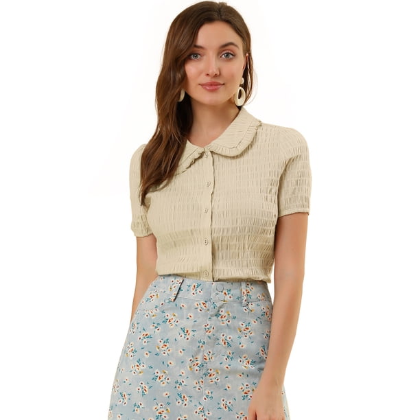 INSPIRE CHIC Camisa De Manga Corta Suave Con Botones Y Cuello Peter Pan Dulce Para Mujer Beige XL