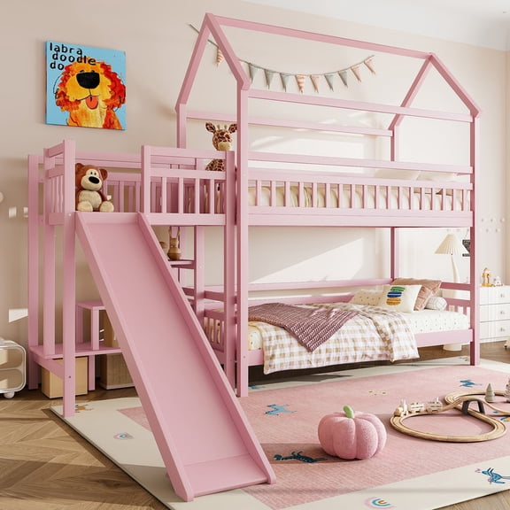 Bellemave Bunk Bed with Slide & Stairs, Wood House Twin Over Twin Bunk Bed with Storage Shelf, Playhouse Bunk Beds Frame with Guardrail, No Box Spring Needed (Pink)