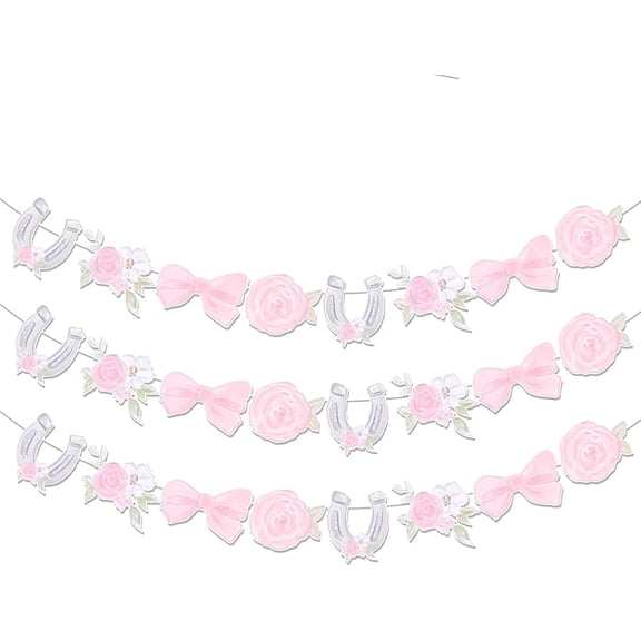3PCS Pink Derby Day Party Garland Banner Horsing Racing Decorations Run Bow Pink Roses Banner for Girls Women Floral Horsing Racing Bachelorette Bridal Shower Wedding Birthday Party Supplies