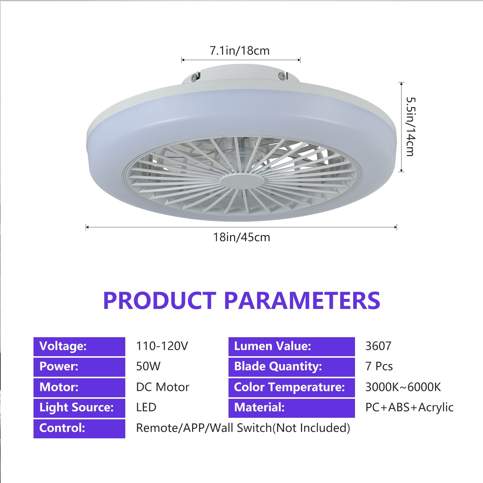 Miniyam 18" Ceiling Fan with Light, RGB Smart LED Fandelier with Remote/App Control, Low Profile Dimmable, 3 CCTS, 6 Speed, White