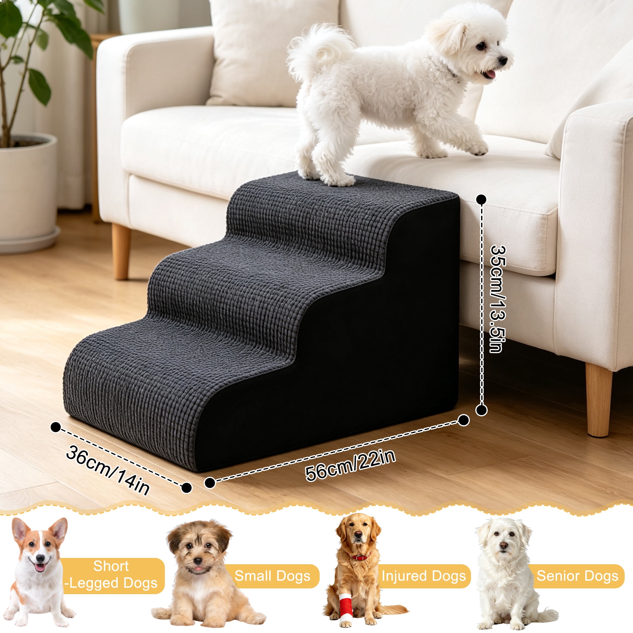 Pet Stairs, 3 Step High Density Foam Dog Steps for Small Dogs & Cats, Non Slip Pet Ramp with Removable Cover, Dog Stairs for Couch, Bed, Sofa