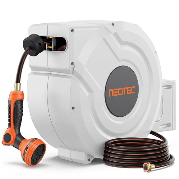 White Retractable Garden Hose Reel 1/2 inch x 130 ft Any Length Lock 9 Pattern Nozzle Wall-Mounted Automatic Slow Return 180° Swivel UV Resistant Heavy Duty Hose Reels for Outside