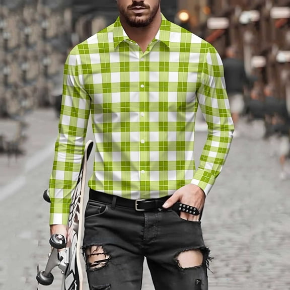qolati Button Up Shirts for Men Classic Fit Long Sleeve Dress Work Shirts Lightweight Casual Regular Fit Fall Plaid Shirts