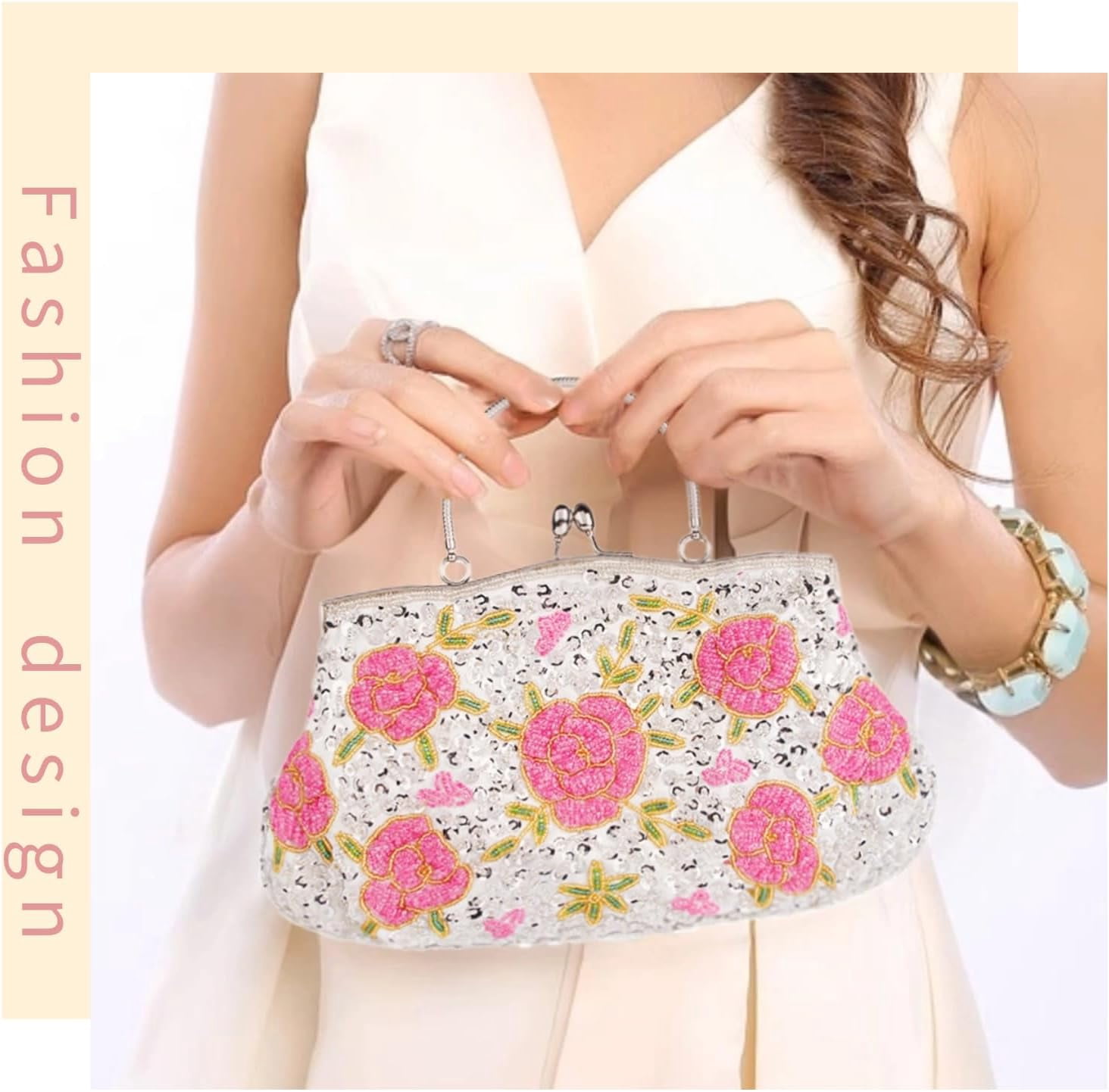 Women's Floral Beaded Embroidered Clutch Purse with Sequins and Detachable Chain - Elegant Evening Bag for Wedding Party