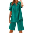 thumbnail image 3 of DDAPJ pyju Womens Linen 2 Piece Outfits Plus Size Loungewear Sets Short Sleeve Henley V Neck Tops and Drawstring Shorts Summer Casual Matching Set Ofertas del día Mint Green M, 3 of 6