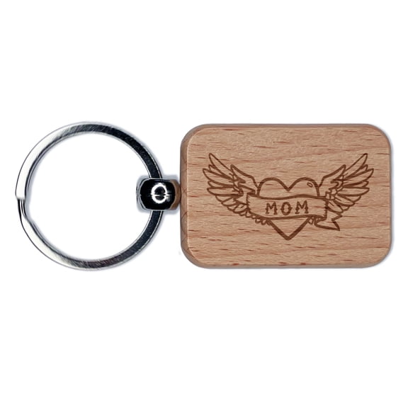 Mom Heart Tattoo with Wings Rectangle Keychain Charm Tag - Engraved Wood