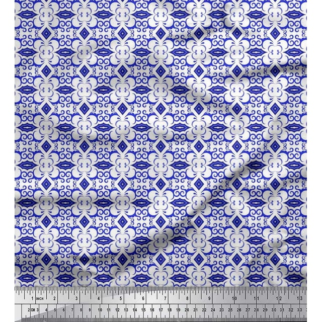 Soimoi polyester Crepe Fabric Diamond Shape & Filigree Damask Print Sewing Fabric Yard 42 Inch Wide