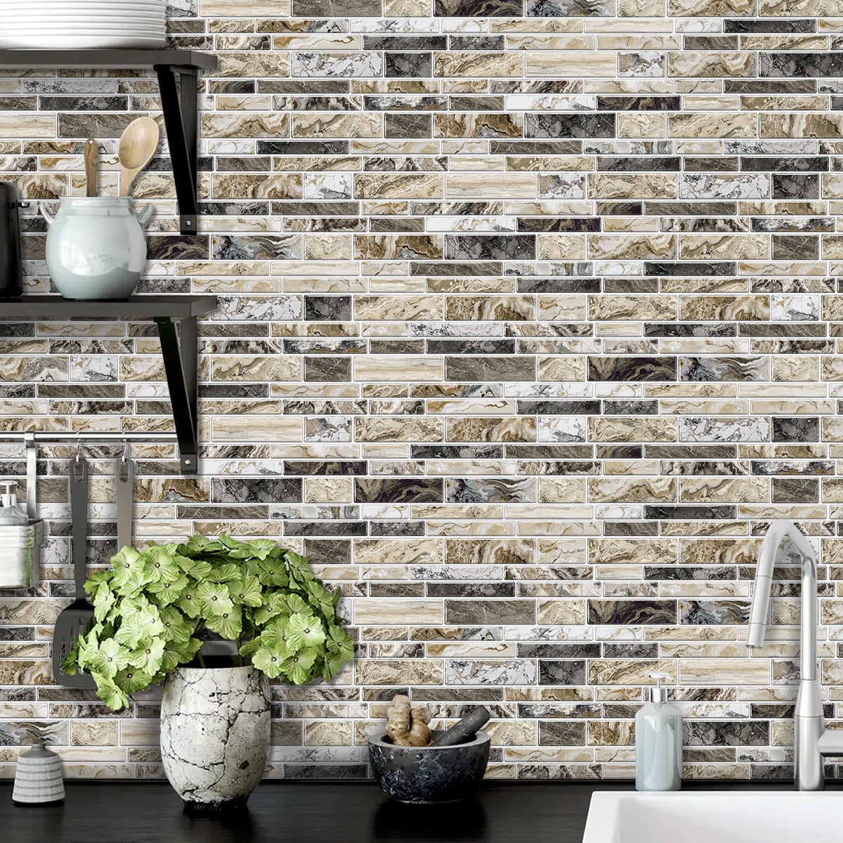 Peel and Stick Backsplash Wall Tiles,Self-Adhesive,Oil Proof,Waterproof, Removable Wall Panels for Kitchen & Bathroom,Modern Design, Easy Install (9.68x4.72 inch,48 Pack)