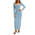 thumbnail image 3 of PENGXIANG Robe à Manches Longues pour Femmes Col Carré Robe Moulante Tricotée Unie Robe Crayon Extensible Tenue de Club, 3 of 6