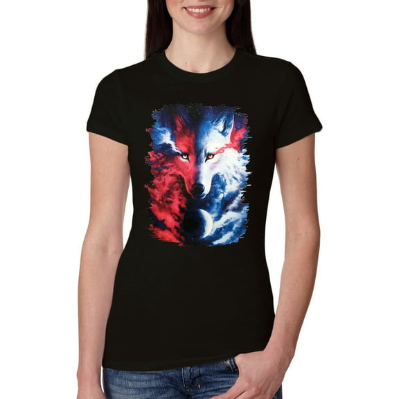 Artic Wolf Light Dark Good Bad Moon | Womens Animal Lover Slim Fit Junior Tee, Black, Small