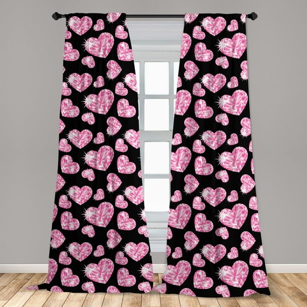 Diamonds Curtains 2 Panels Set, Romantic Pink Heart Stones on Black