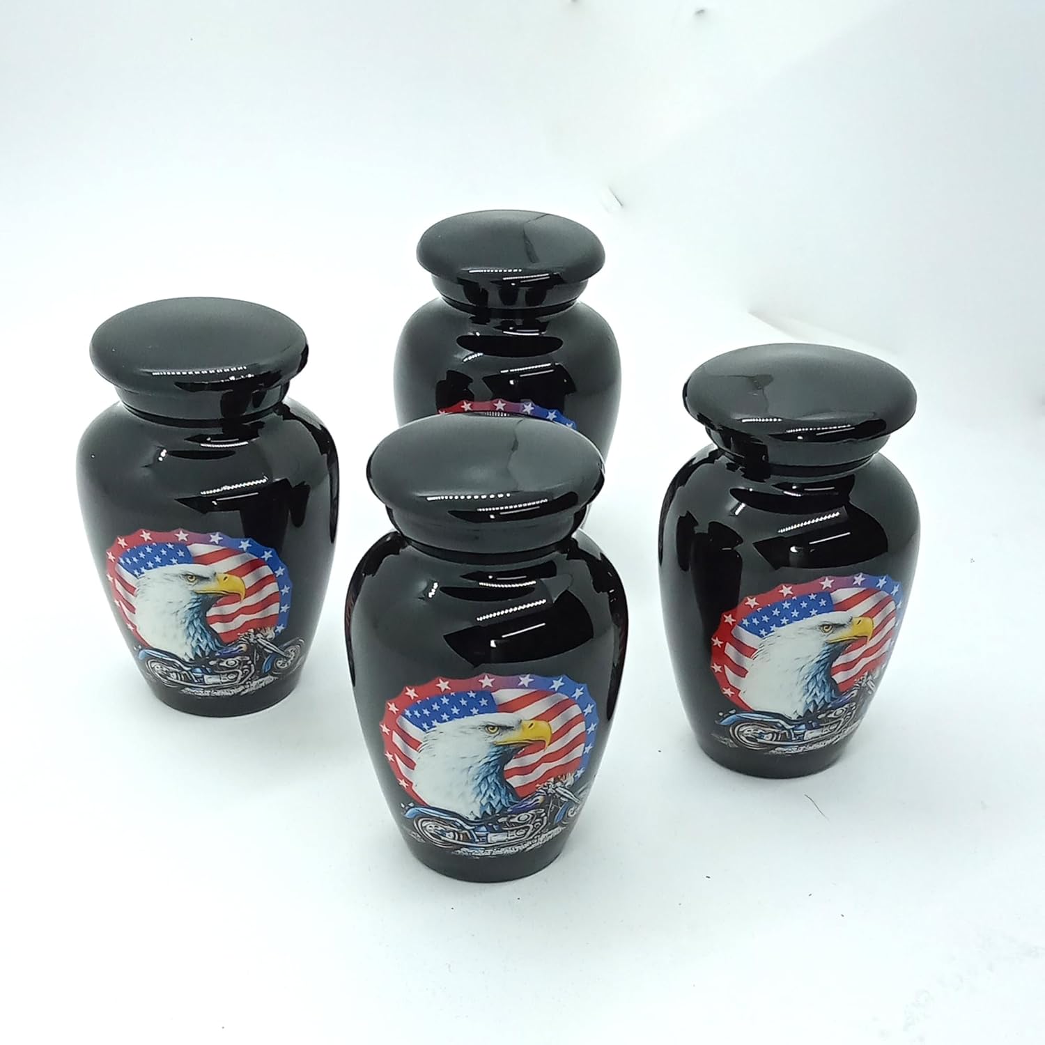 UR Keepsake Urn Set of 4- US Flag Eagle with Harley Davidson Bike Keepsake Cremation Urn for Human Ashes with Velvet Box & 4 Velvet Bag-Mini Keepsake Urn - Affordable Keepsake Urn (3 cu.in x 4pcs)