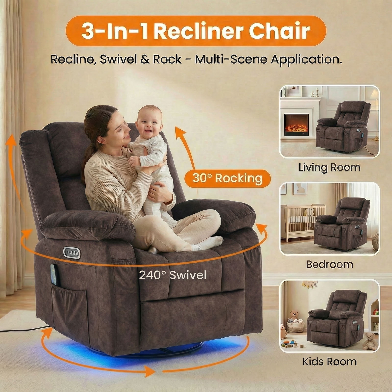 IPKIG Electric Power Recliner with Heat & Massage, 240° Swivel Rocking Chair for Living Room, LED Home Theater Recliner, Velvet Brown