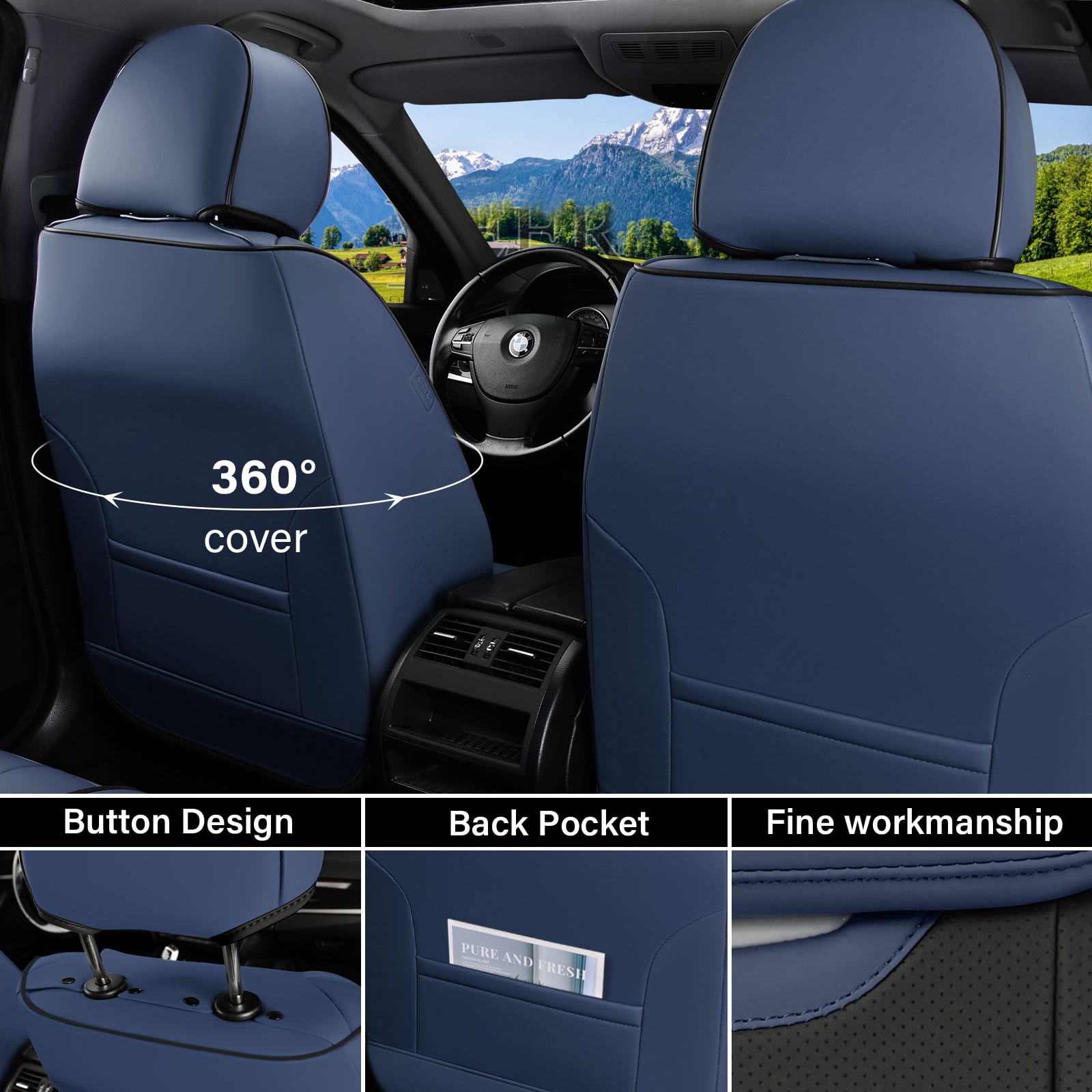 Coverado Front Car Seat Covers, Luxury Leather Car Seat Protectors, Automotive Interior Cushions Universal Fit Most Cars, Black&Blue