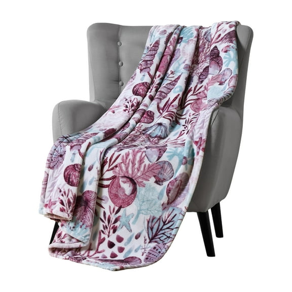 Serafina Home Decorative Ocean Throw Blanket: Coastal Sea Life Jelly Fish Coral Starfish Shells Accent for Couch or Bed, Colors: Purple Aqua White (Ivory Coast)