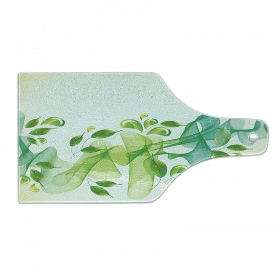 Abstract Cutting Board, Floral Design with Water Touch Inspired Modern Details Art, Decorative Tempered Glass Cutting and Serving Board, Wine Bottle Shape, Yellow Green and Blue, by Ambesonne