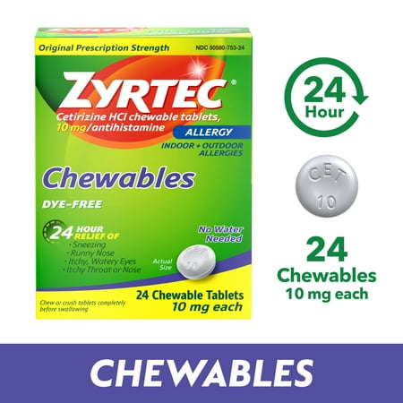 Zyrtec 24 Hour Allergy Relief Chewables, 10 mg Cetirizine HCl, 24 Ct