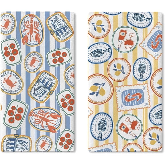 Coastal Seafood Kitchen Dish Towels Set of 2, Nautical Sardines Fish Lobster Shrimp Drying Hand Towel Baking Cooking Cloth, Beach House Striped Home Decor Crab Boil Party Supplies 18'' x 26''