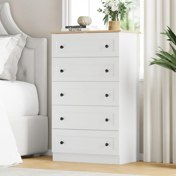 5 Drawers Dresser, Modern 45" Tall Chest of Drawers, Farmhouse Drawer Dresser Organizer with Large Storage for Bedroom, Living Room, Hallway, Entryway, White