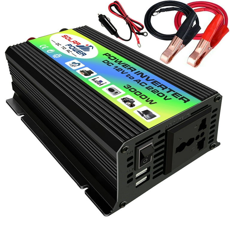 Peaks Power 3000W Modified Sine Inverter High Frequency Power Inverter DC  to AC Converter Car Power Inverter with 2.1A Dual USB Port Battery Clips 