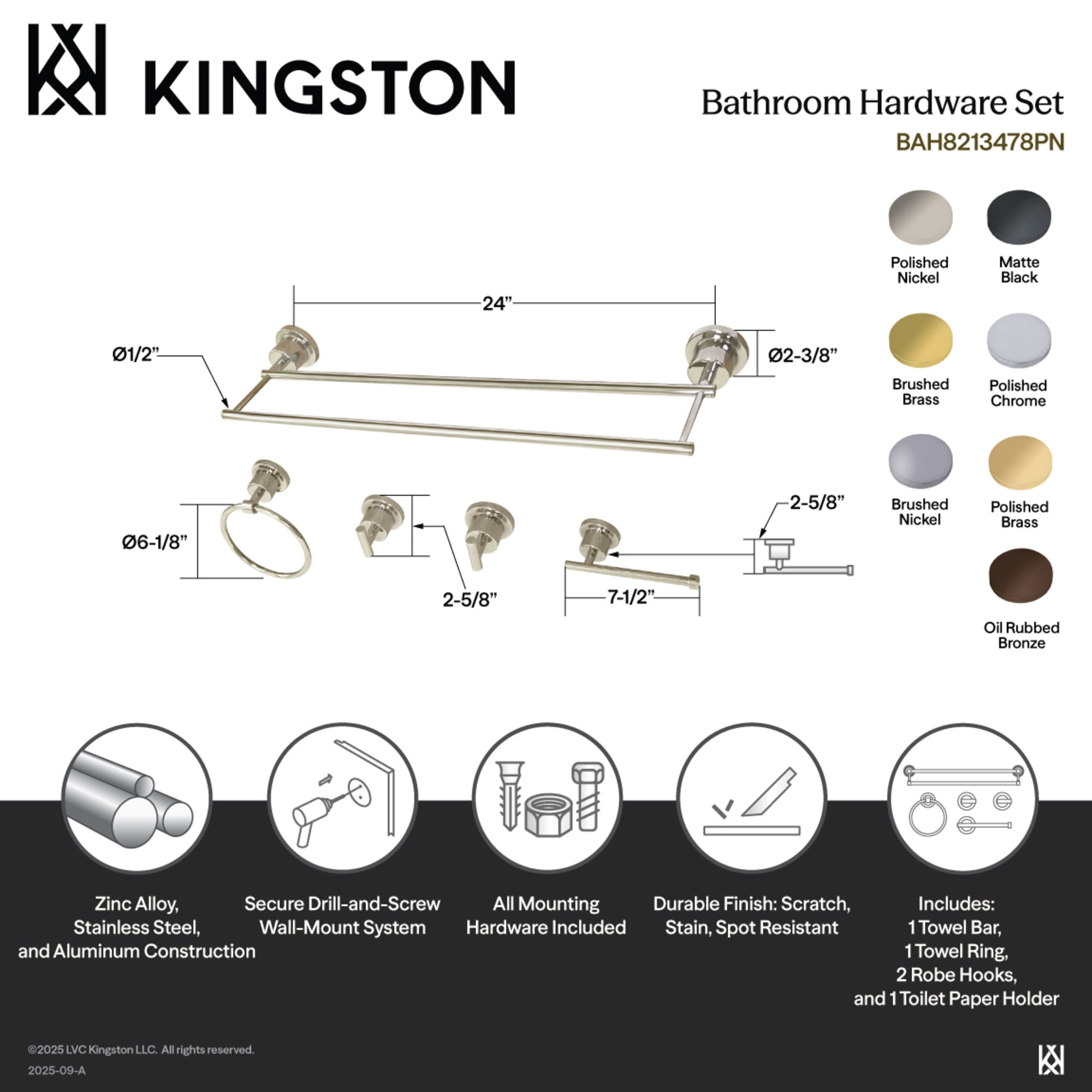 Kingston Brass BAH8213478PN Concord 5-Piece 24-Inch Dual Towel Bar Bathroom Accessory Set in Polished Nickel