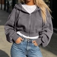 thumbnail image 4 of XRoczxe Women Solid‑Color Cropped Zip‑Up Hooded Jacket, Long Sleeve Drawstring Casual Short Hoodie Outerwear With Side Pockets, 4 of 6
