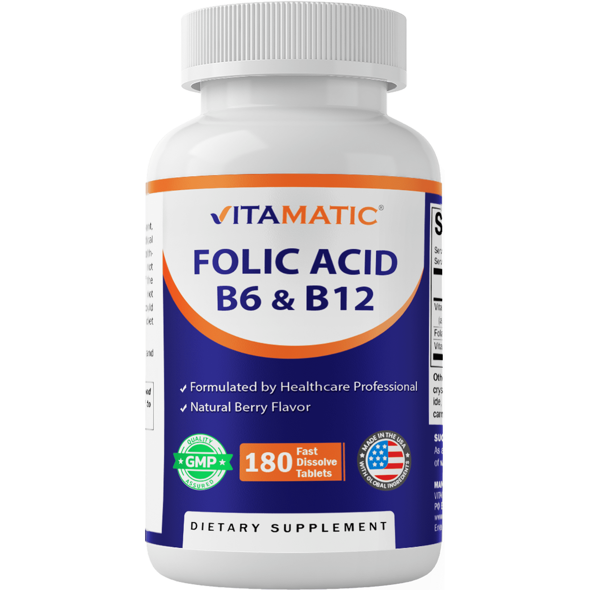 Vitamatic Folic Acid B12 B6 - Heart Health, Energy & Red Blood Cell Support - 180 Fast Dissolve Tablets