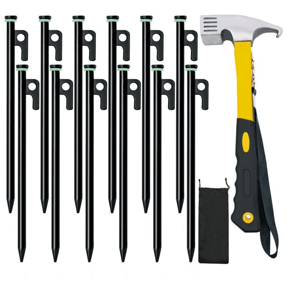 Juego de Estacas para Tienda con Martillo Tialero, Paquete de 12, 30 cm, Resistencia Extra