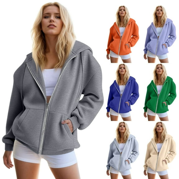 Inglocry Zip Up Hoodie Women Y2k Oversized Sweatshirt Casual Long Sleeve Jacket Lightweight Fall Winter Fashion Hoodies Clothes with Pockets Blue L