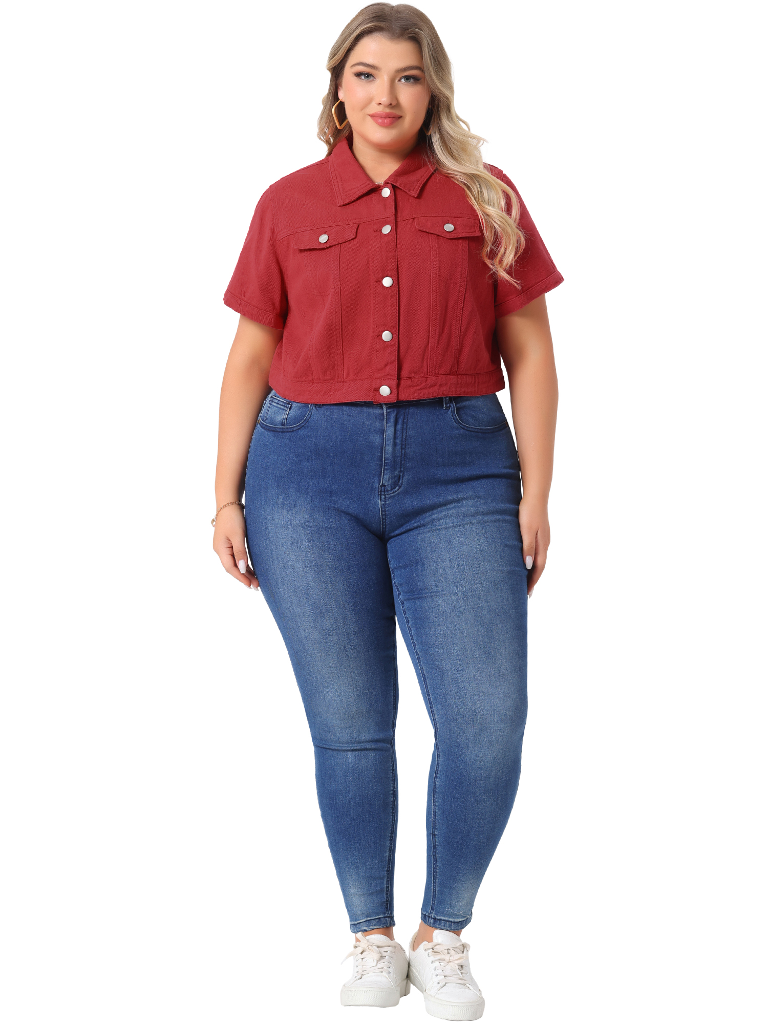 DARING DIVA Women's Plus Size Short Sleeves Button Down Jean Jacket 1X Red