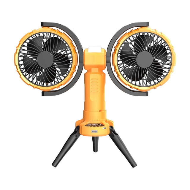 Ventilador de camping multifuncional con luz LED y dos cabezales para tienda de campaña