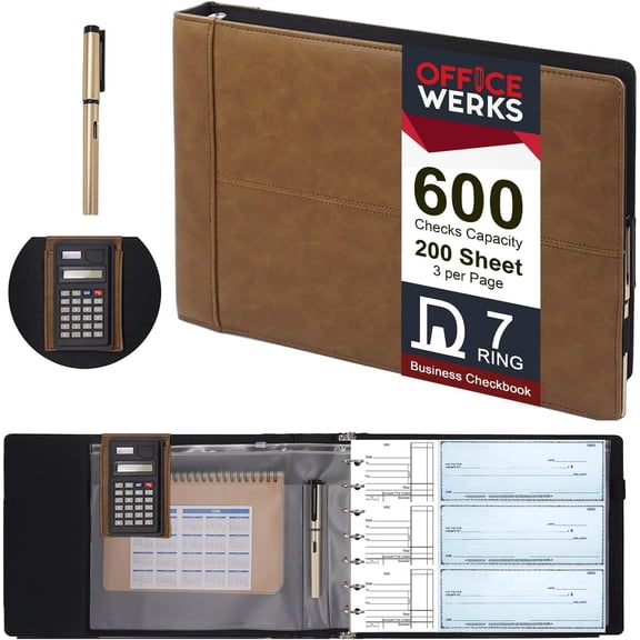 Executive Check Binder with Calculator & Pen Included – 7 Ring Zippered Checkbook Portfolio, 9x13 Organizer Holds 200 Sheets (600 Checks), Brown