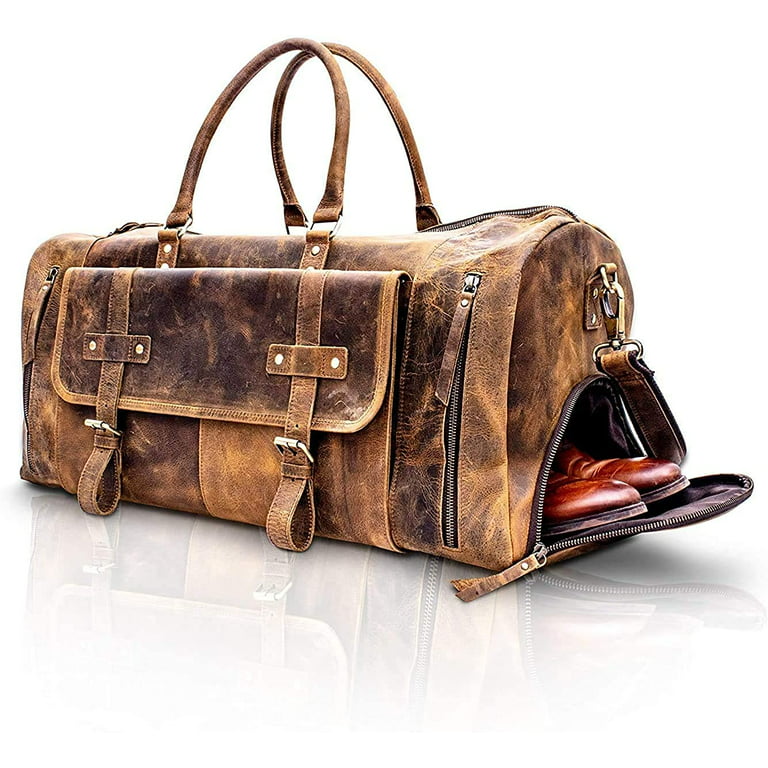 Leather Weekender Bag With Shoe Compartment Men Full Grain 