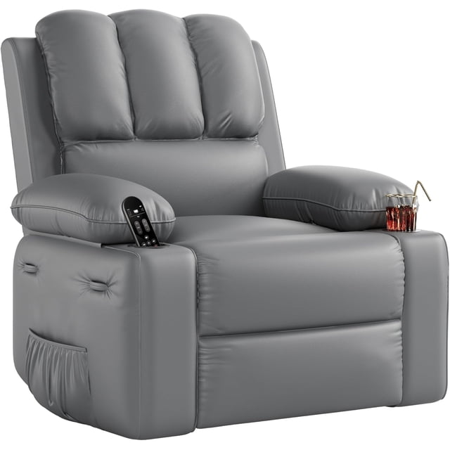 Eastvita Grey 27 Inch Extra Wide Oversized PU Leather Manual Recliner Chair for Living Room